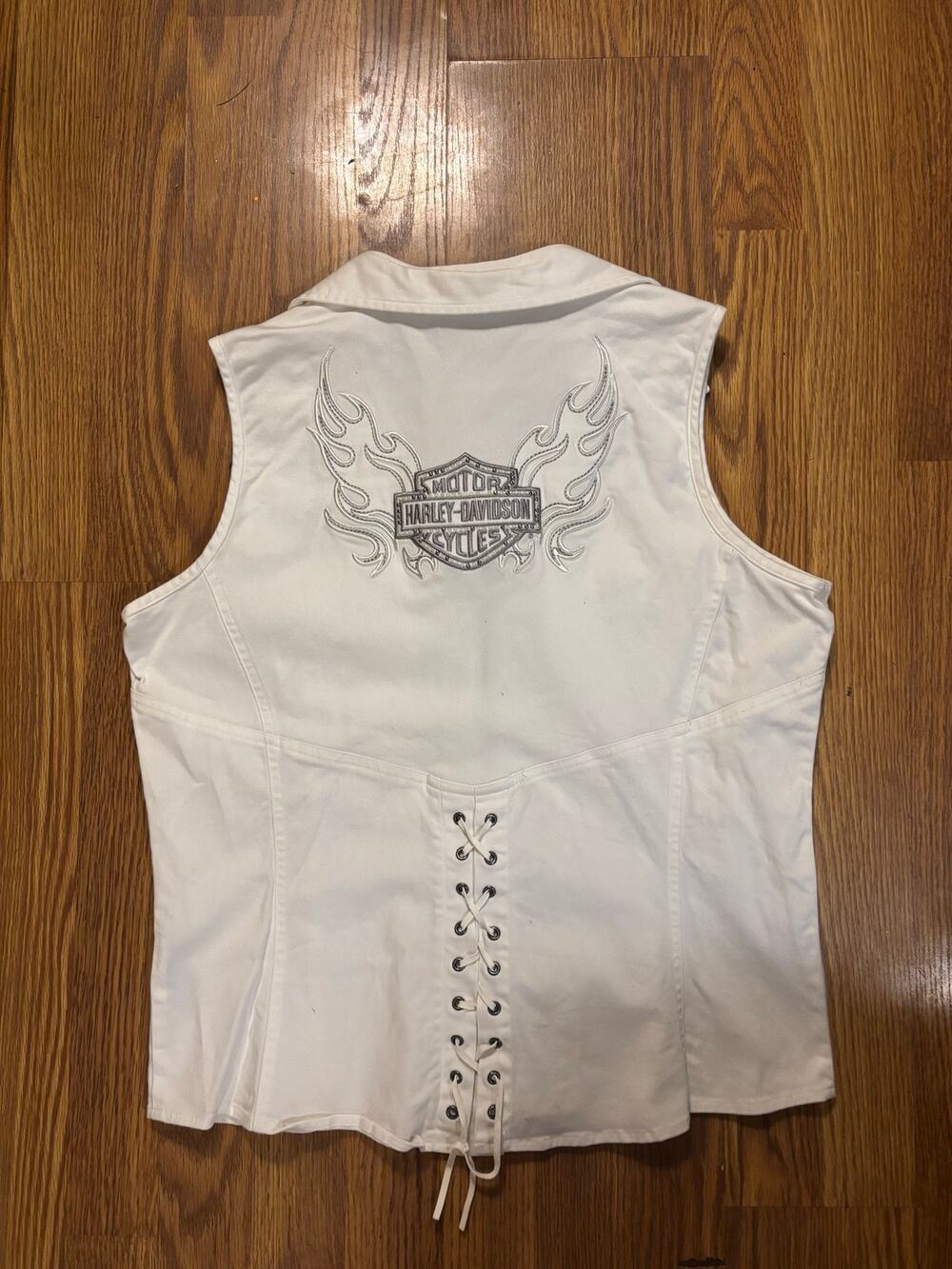 NWOT Harley Davidson White Denim Embroidered Zipper Pockets Utility Vest